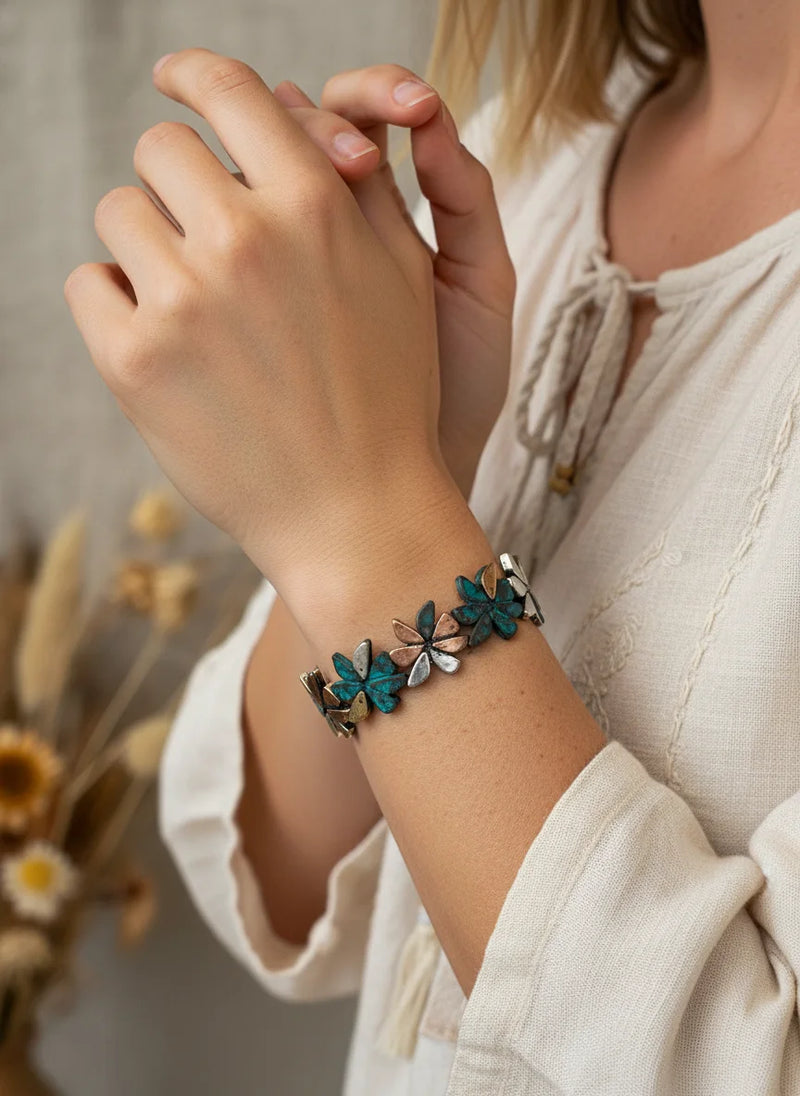 Bohemian Verdigris Bloom bracelet with blue butterfly charm and silver accents