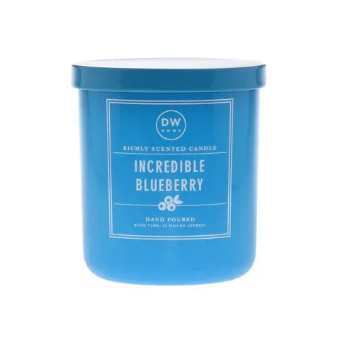 Blue candle jar labeled Incredible Blueberry from DW Home, ideal for blueberry candle lovers