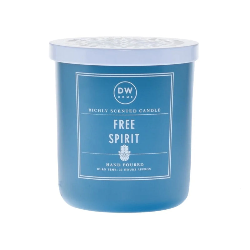 Blue Free Spirit Candle with white lid elegantly displayed for a serene ambiance