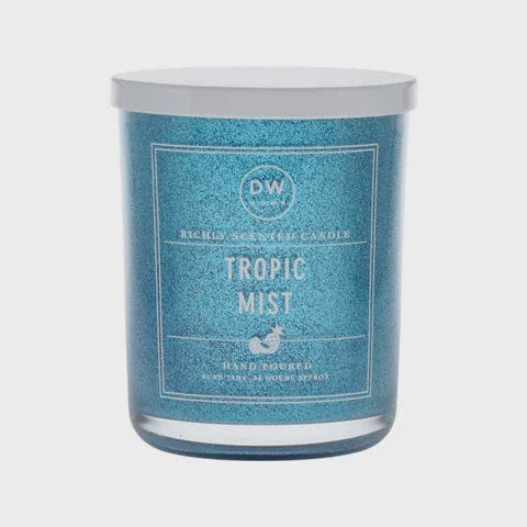 Blue TROPIC MIST CANDLE featuring a white and silver lid for elegant decor