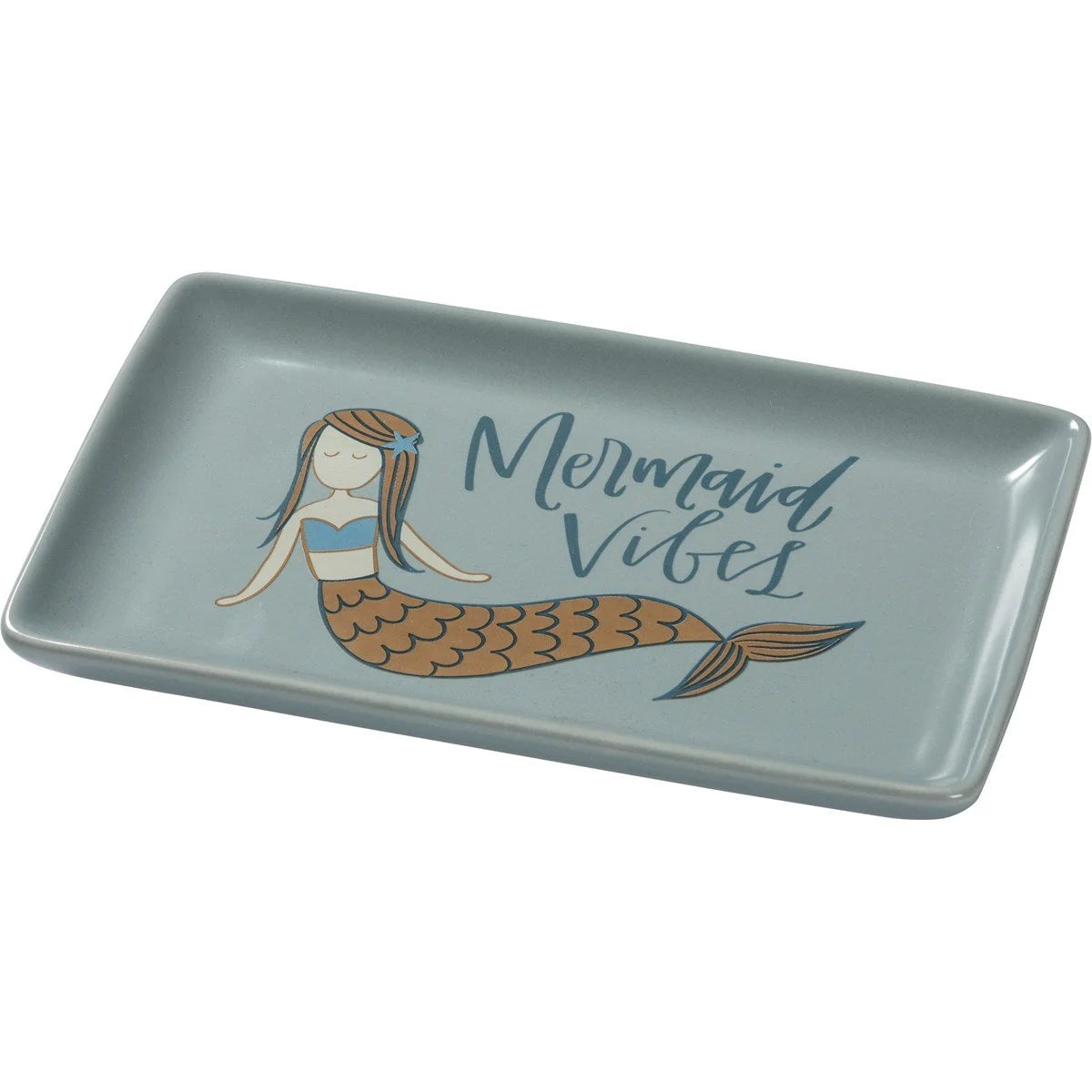 Blue ceramic trinket tray featuring a mermaid design for mermaid vibes decor