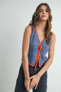 Blue crochet tie front vest with orange trim, perfect for women’s boho chic clothing at Shop Daisy
