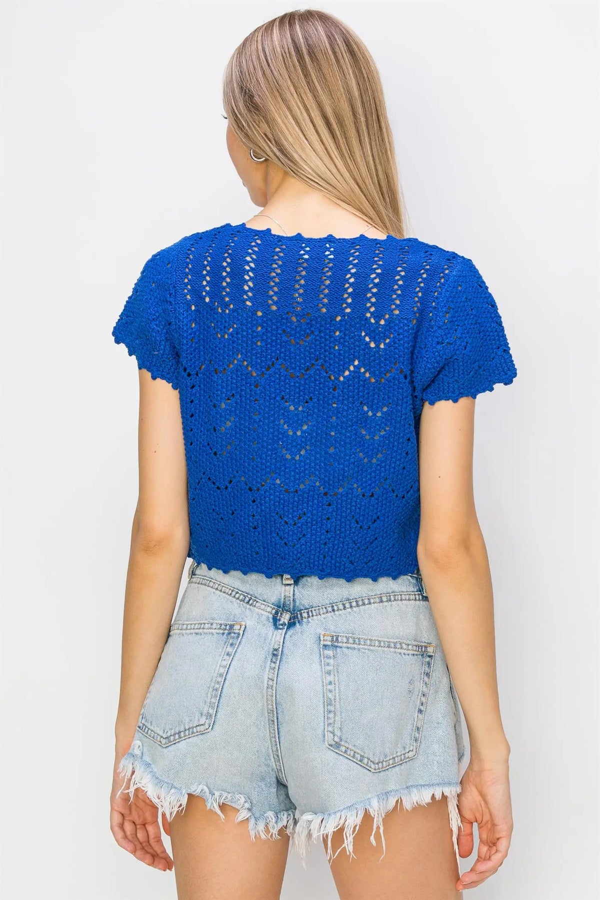 Blue crocheted short-sleeved top in TIE FRONT KNIT CARDIGAN from Shop Daisy, women’s boho chic clothing