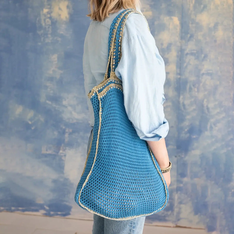 Blue cotton blend crocheted tote bag from the Cotton Blend Crocheted Tote collection