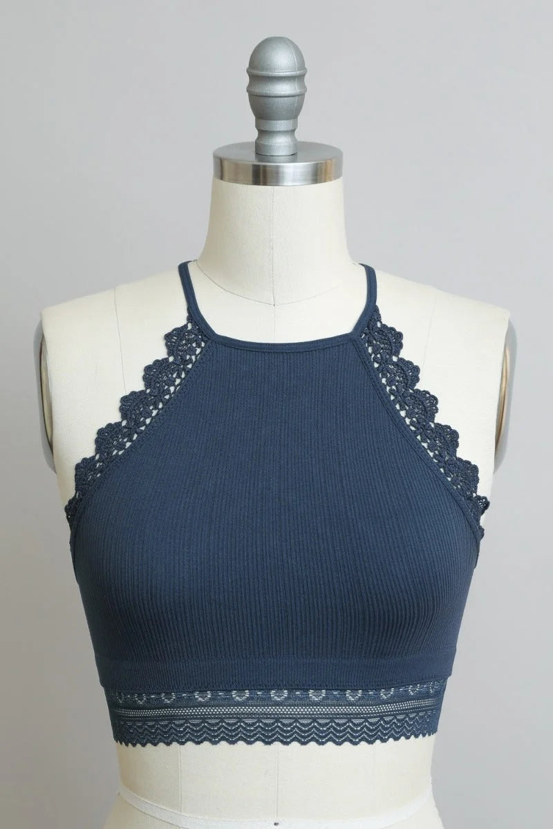 Blue high neck crochet lace trim bralette featuring intricate shoulder detailing