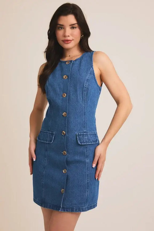 Blue denim dress with round neck sleeveless design and button-down front