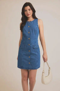 Premium Blue Denim Dress with Round Neck Sleeveless Button-Down Design