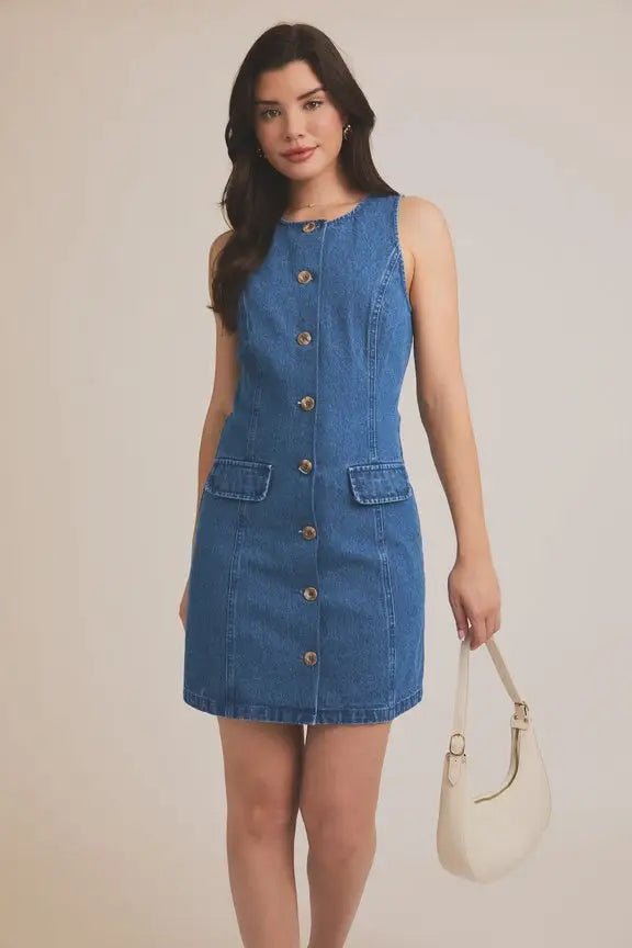 Premium Blue Denim Dress with Round Neck Sleeveless Button-Down Design