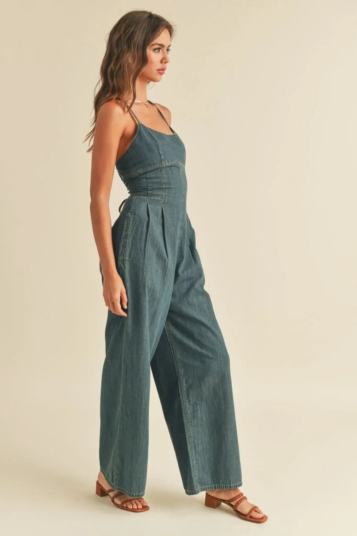 Blue washed denim jumpsuit from CALI TIE-BACK WASHED DENIM JUMPSUIT collection