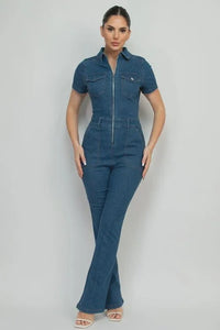 Blue denim jumpsuit with short sleeves and front zipper, stylish woven denim jumpsuit