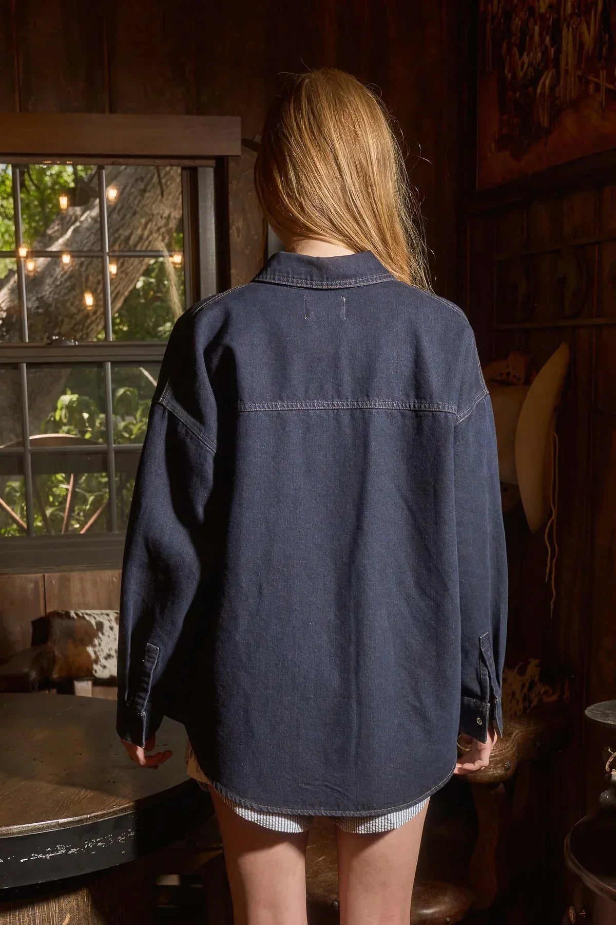 Dark denim women’s boho chic clothing dark denim button down long sleeve shirt from Shop Daisy