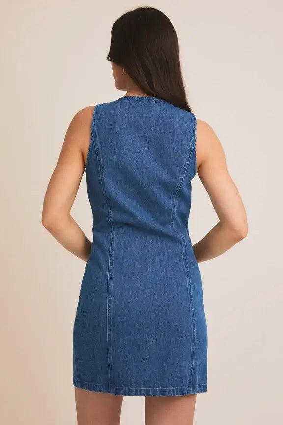 Blue denim sleeveless dress with round neck and button-down front