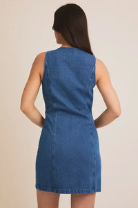 Blue denim sleeveless dress with round neck and button-down front