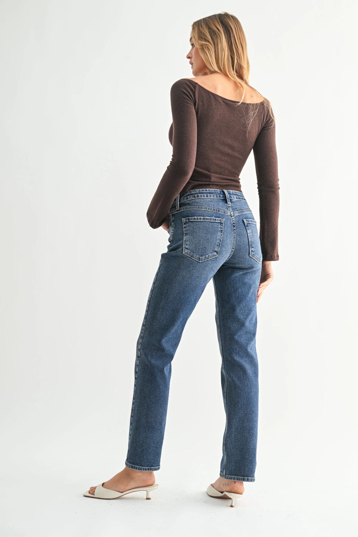 High rise straight pencil jean in blue denim with light wash finish