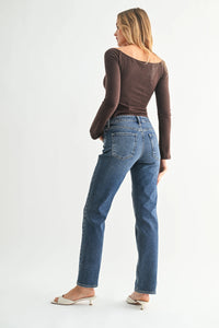 High rise straight pencil jean in blue denim with light wash finish