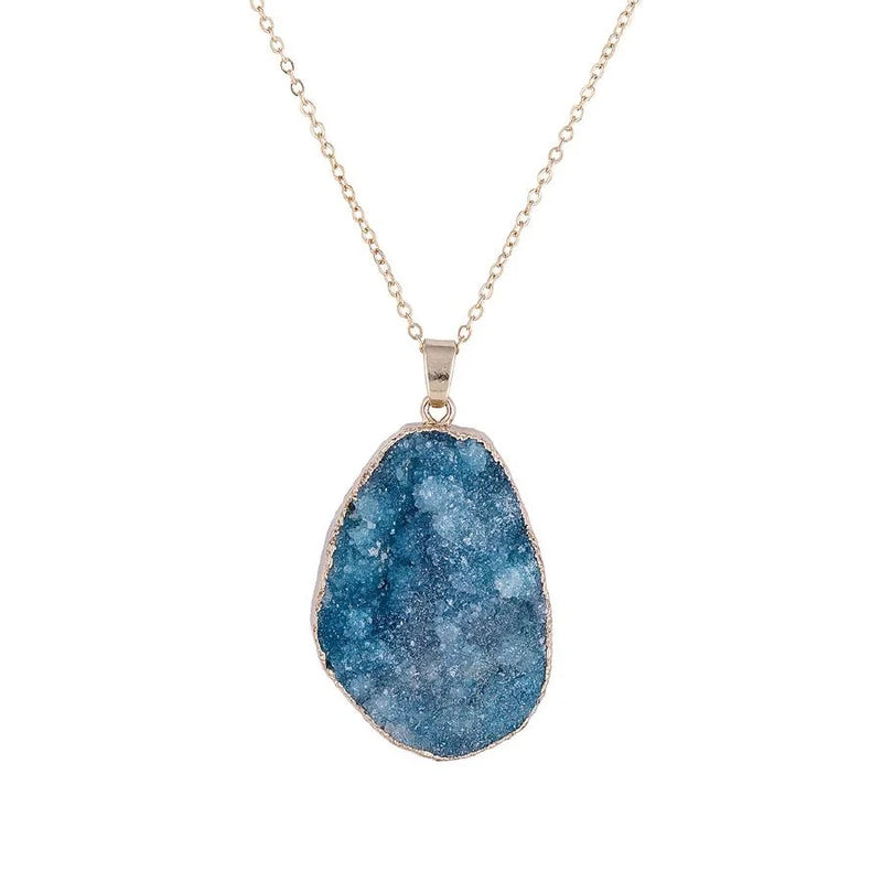 Blue quartz genuine stone necklace featuring a blue druzy stone pendant on a gold chain