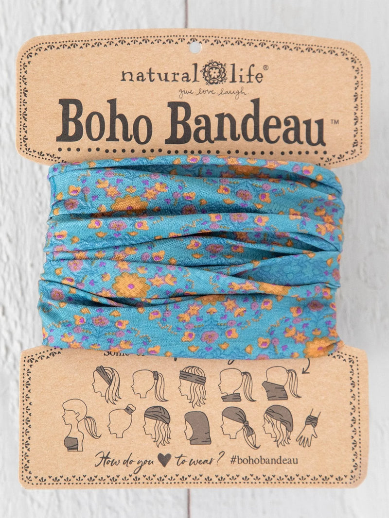 Blue floral headband made from recycled materials for the BLUE FLOWER STAMP BOHO BANDEAU