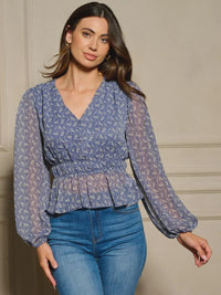 Blue floral peplum blouse with long sleeves and V-neckline for stylish looks