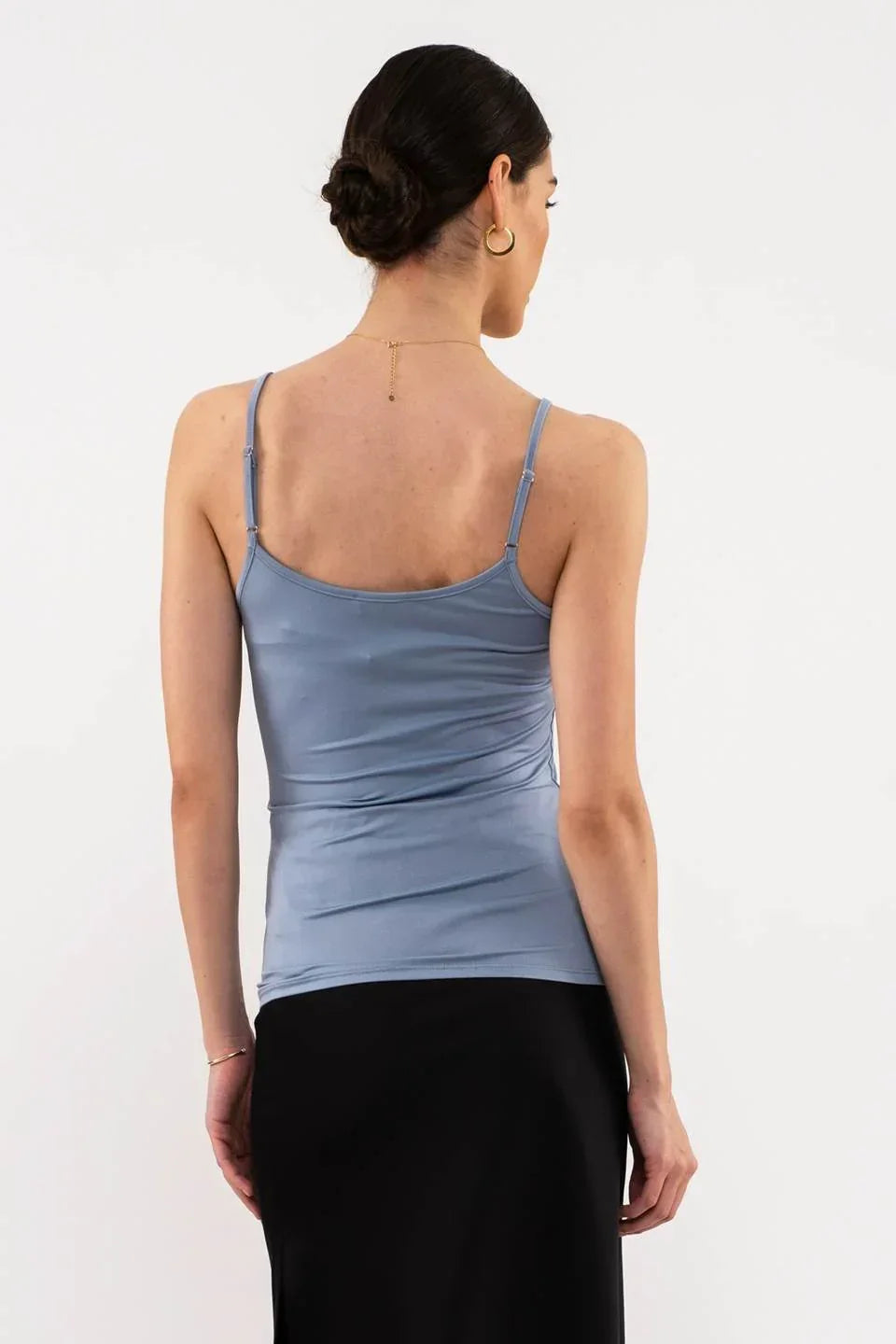 Blue-gray spaghetti strap tank top with ruched side detailing from Shop Daisy