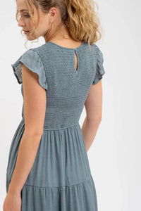 Blue-gray Smocked Tiered Midi Dress with flutter sleeves and keyhole back detail