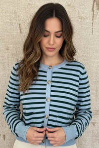 Blue and green long sleeve pockets stripe cardigan with buttons