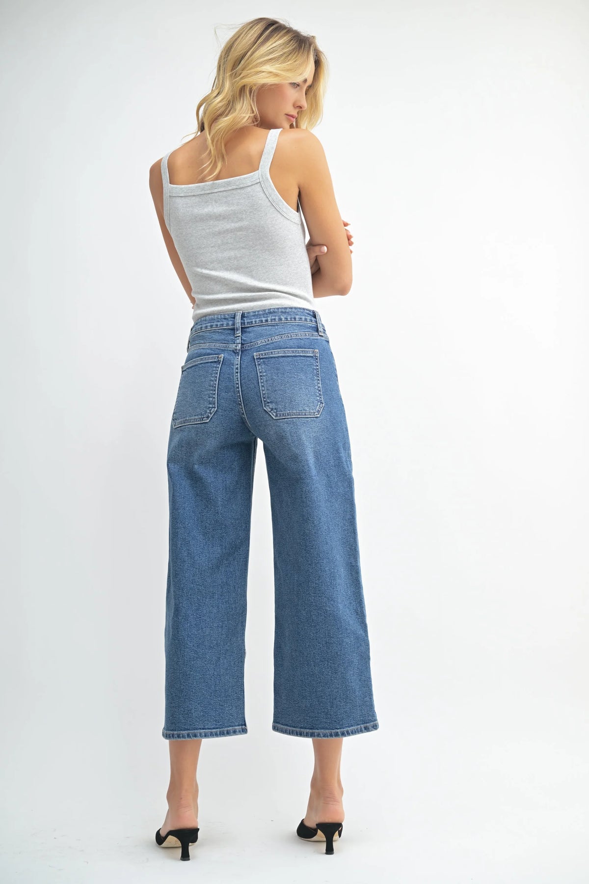 High rise cropped wide leg denim jeans in blue with button fly