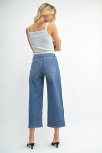 High rise cropped wide leg denim jeans in blue with button fly