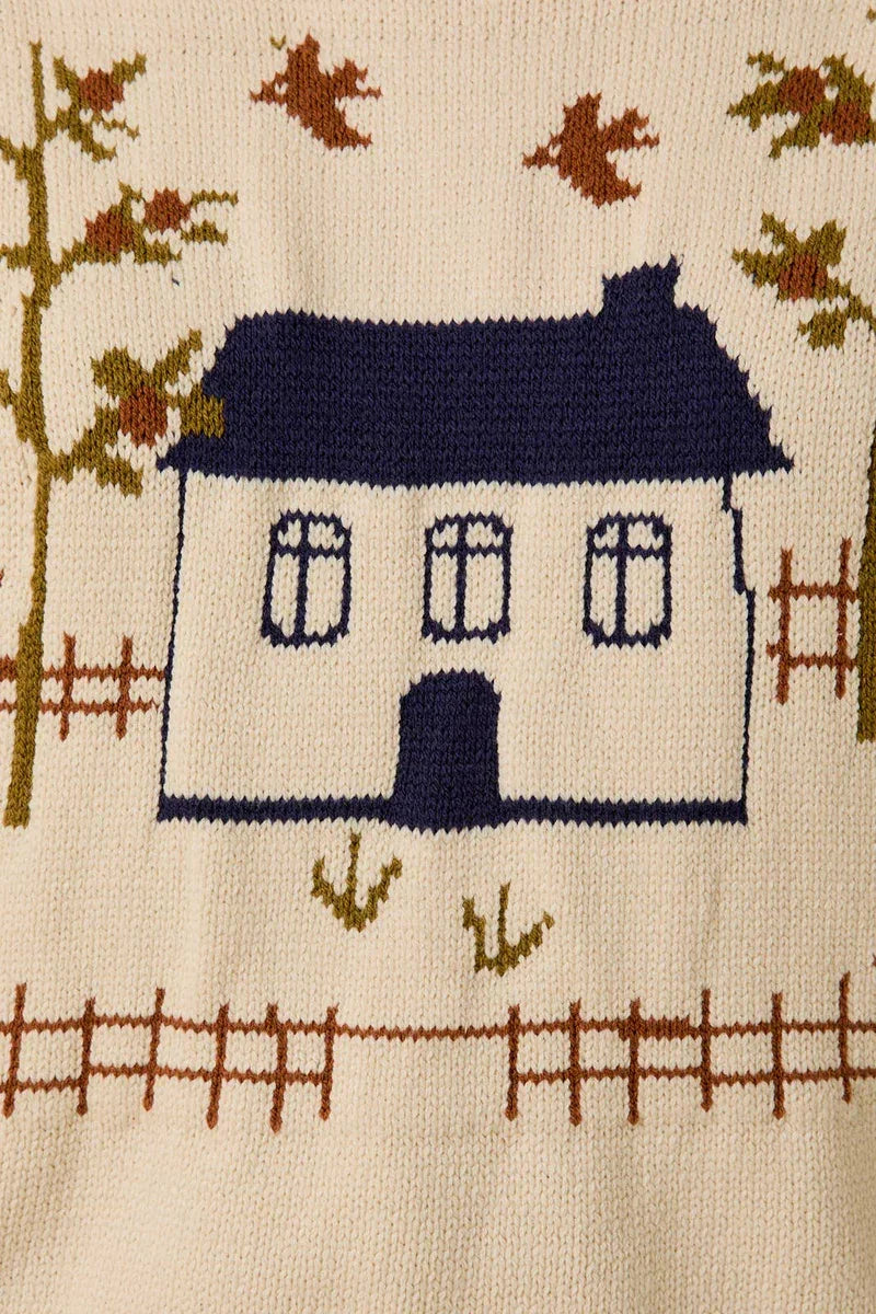 Crow neck sleeveless graphic sweater with blue house cross-stitch pattern