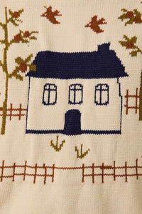 Crow neck sleeveless graphic sweater with blue house cross-stitch pattern