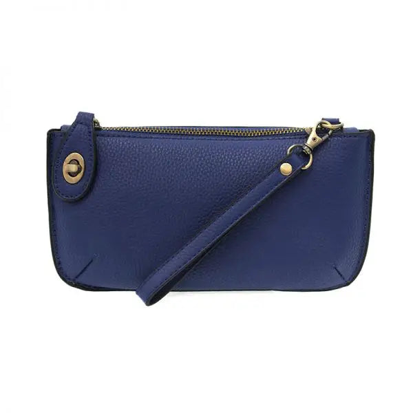 Blue leather wristlet with gold hardware featuring card slots from Shop Daisy