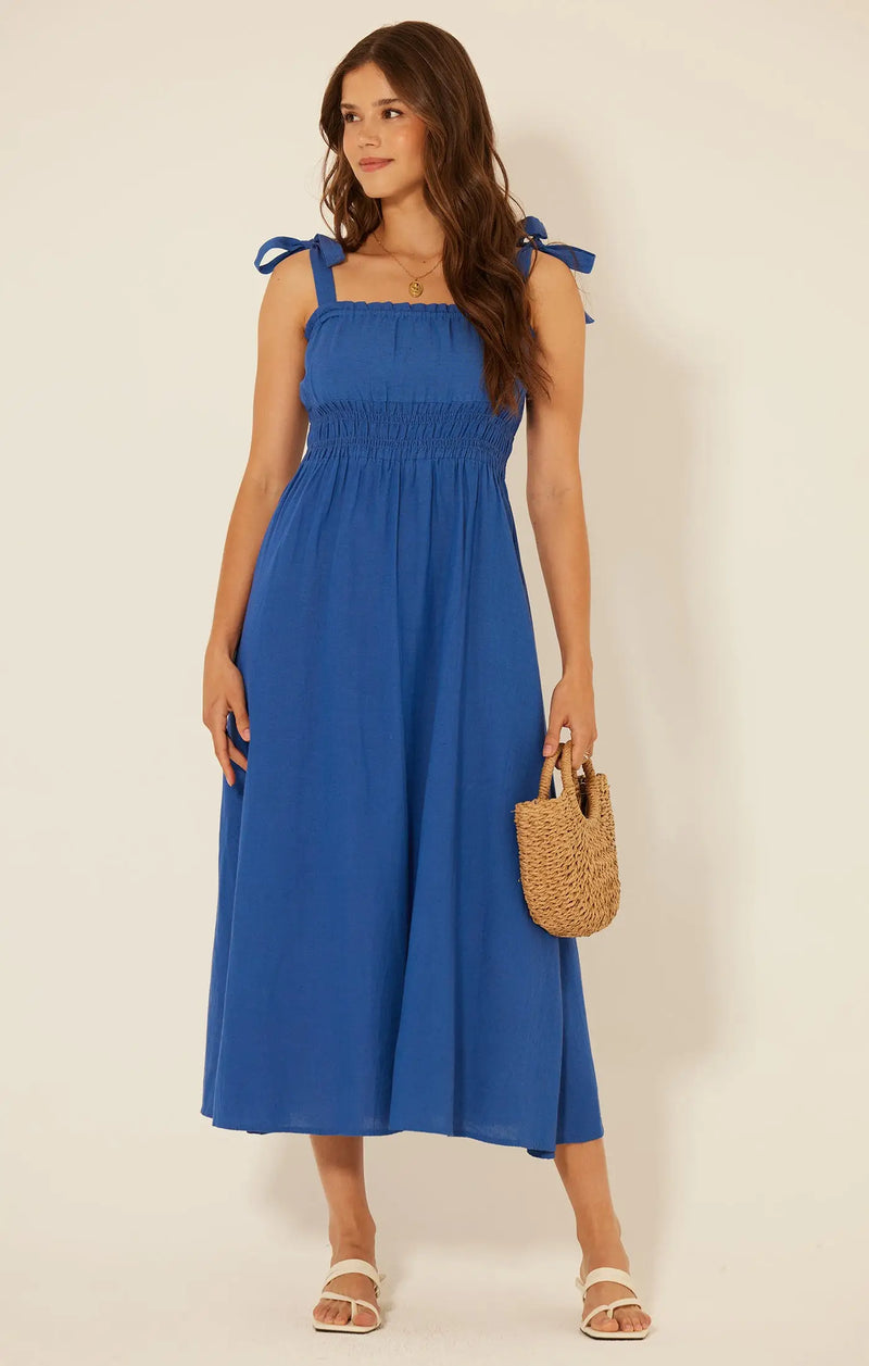 Blue midi dress with tie straps in Resort Wear Maxi Summer Dress for stylish summer fashion