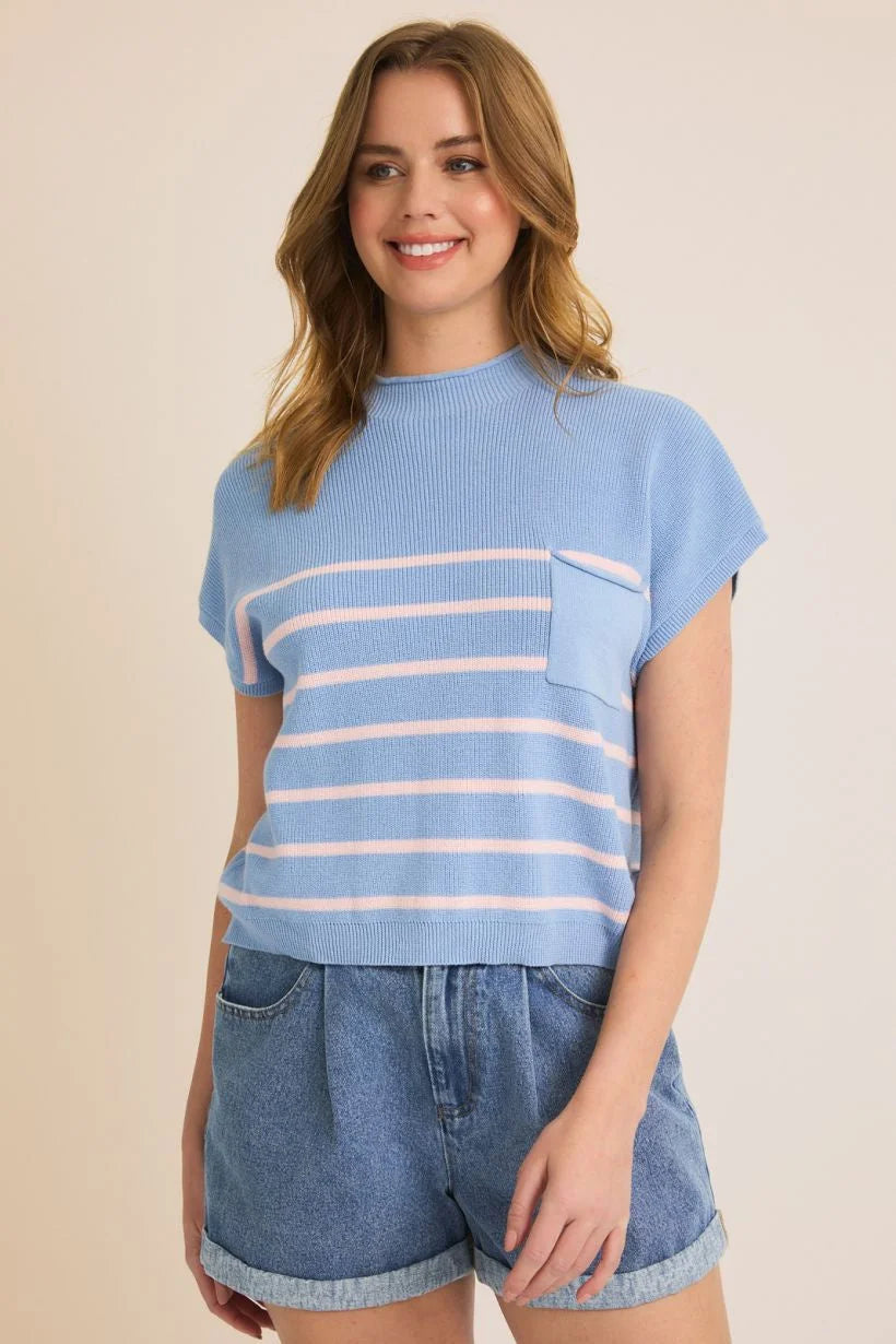 Blue and pink striped knit shoulder sweater with high neck stripe muscle detail