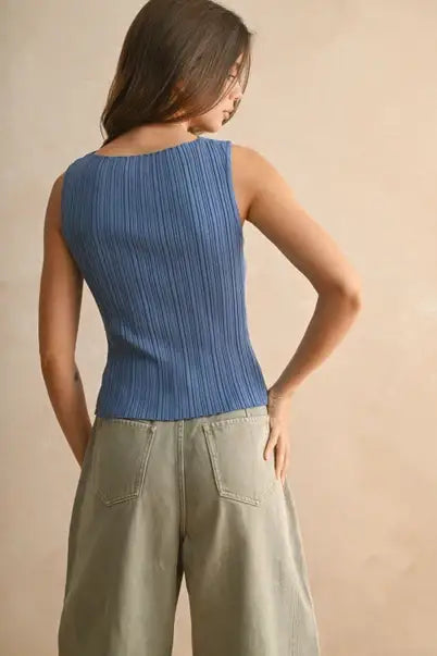 Blue pleated tank top in viscose ribbed knitted fabric from RIBBED KNITTED TOP, perfect boho chic clothing