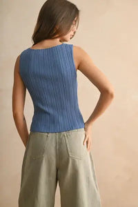 Blue pleated tank top in viscose ribbed knitted fabric from RIBBED KNITTED TOP, perfect boho chic clothing