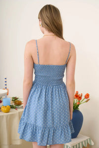 Blue polka dot sundress from POLKA DOT SMOCKED MINI DRESS, perfect for women’s boho chic clothing at Shop Daisy