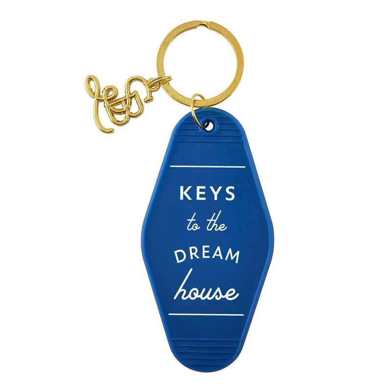 Blue retro-style key chain with KEYS to the DREAM HOUSE text and gold key charm