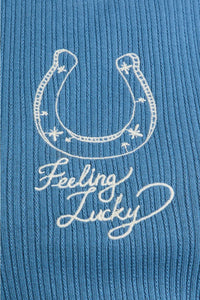Blue ribbed fabric with horseshoe embroidery on Shop Daisy Lane’s EMBROIDERY DETAIL RIB TANK TOP