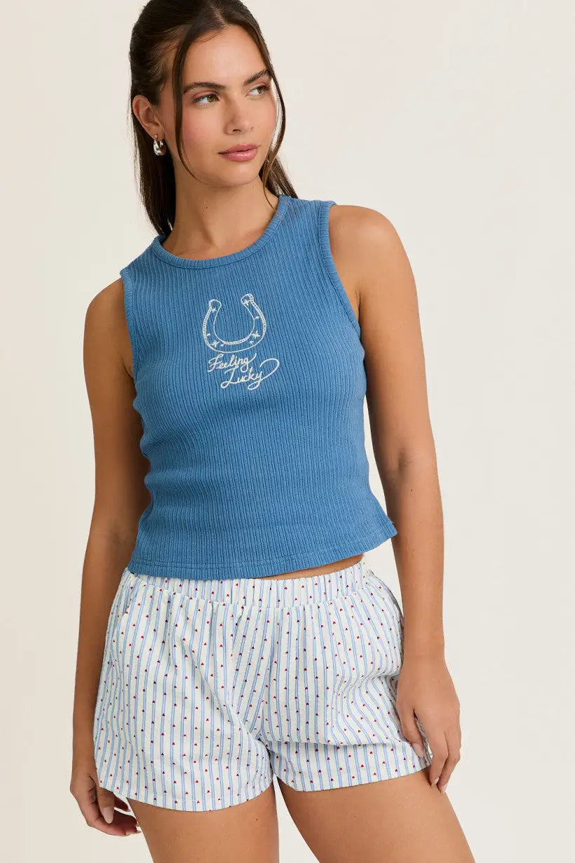 Blue rib tank top with horseshoe embroidery from Shop Daisy Lane in the EMBROIDERY DETAIL RIB TANK TOP
