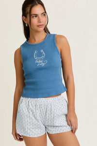 Blue rib tank top with horseshoe embroidery from Shop Daisy Lane in the EMBROIDERY DETAIL RIB TANK TOP