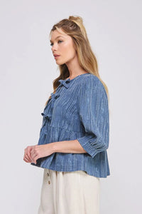 Blue striped bow-neck blouse in textured cotton blend with three-quarter sleeves