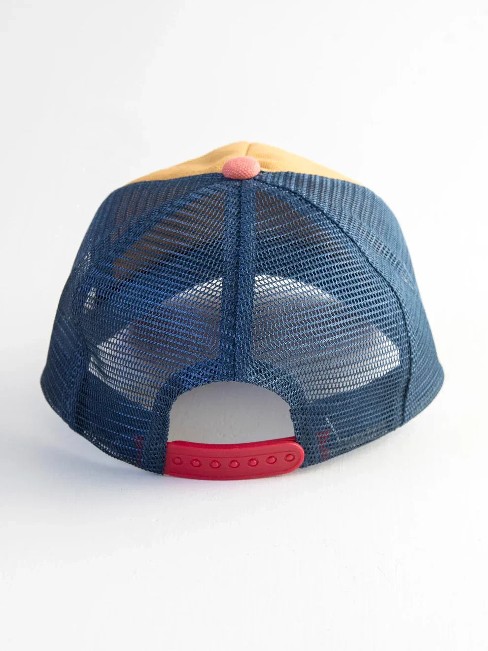 Blue and tan mesh canvas trucker hat featuring Let’s Just Go Van design