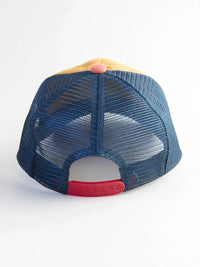 Blue and tan mesh canvas trucker hat featuring Let’s Just Go Van design