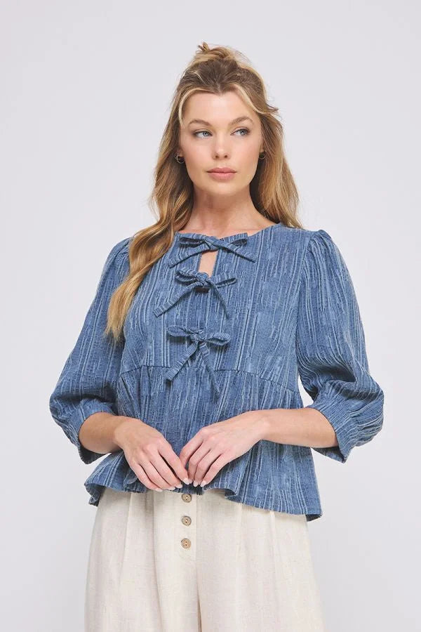 Blue Textured Cotton Blend Blouse with Bow Details and Peplum Hem for Women