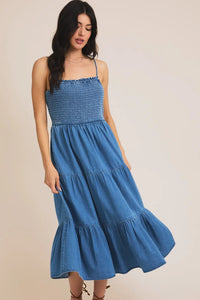 Blue sleeveless smocked tiered dress, perfect for a stylish tiered dress midi occasion