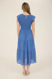 Blue smocked tiered midi dress, stylish and elegant tiered midi dress for women