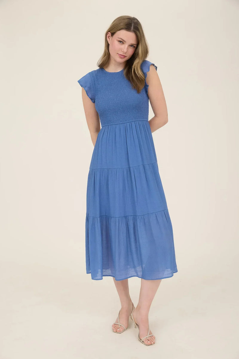 Blue smocked tiered midi dress displayed in the Smocked Tiered Midi Dress product image