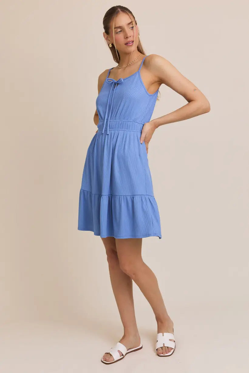 Blue tiered sundress with tie bow strap, strap mini dress perfect for summer