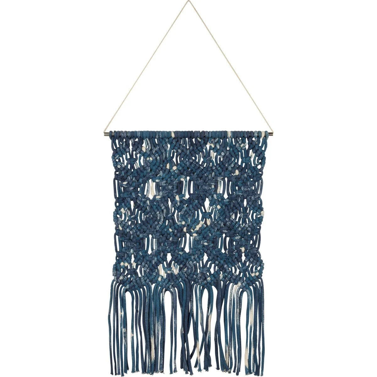 Blue macrame hanging wall decor with fringes and tats for stylish home aesthetics