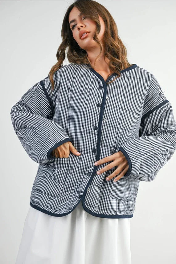 Buttoned quilted puffer jacket in blue and white checkered with bell sleeves
