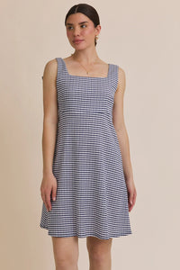 Blue and white gingham stripe sleeveless mini dress with square neckline